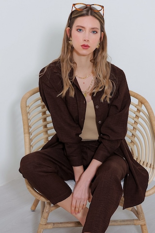 Bigdart Kadın Kahverengi Oversize Keten Alt Üst Takım 6622 6622bgd19-002-14380 001