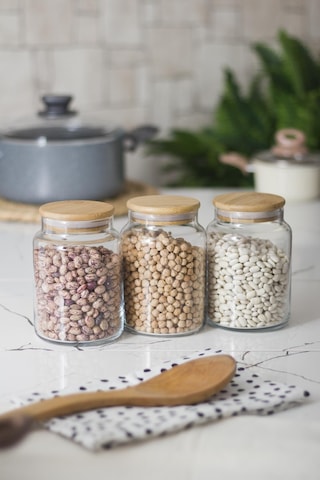 3 Lü Set Bambu Kapaklı Cam Kavanoz & Erzak Saklama Kabı 800 Ml Orta Boy Vakum Kapak Çok Renkli