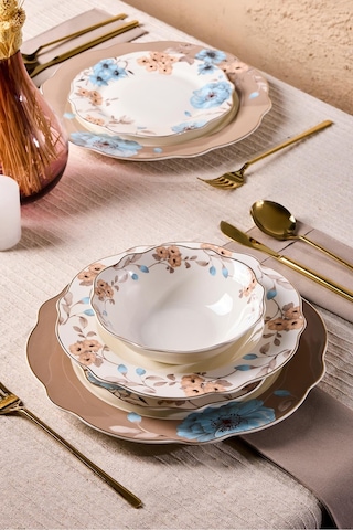 Porselen Flore Bone 24 Parça 6 Kişilik Yemek Takımı Desenlı Desenli