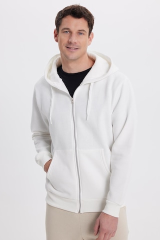 Tudors Unisex Relax Fit Rahat Kesim Pamuklu İçi Polarlı Çift Cepli Tam Fermuarlı Beyaz Kapüşonlu Sweatshirt-41646 Beyaz