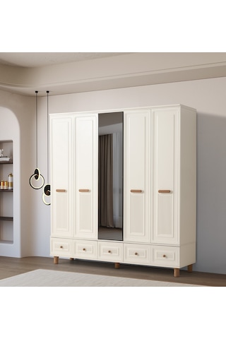 Lagos 5 Kapaklı %100 Mdf Elbise Dolabı Gardrop 192x54x212 Ekru