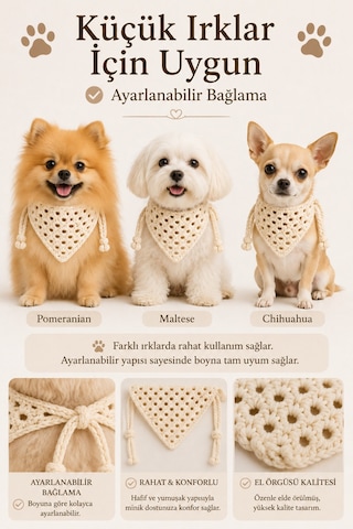 Kadın & Köpek Kombin El Örgüsü Minik Dost Bandana Seti Ayarlanabilir Evcil Hayvan Sahip Kombini Bohem Tasarım Krem
