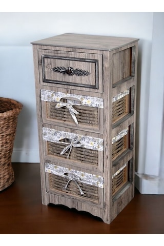 Ahşap 4 Çekmeceli Hasır Görünümlü Sebzelik Rustik