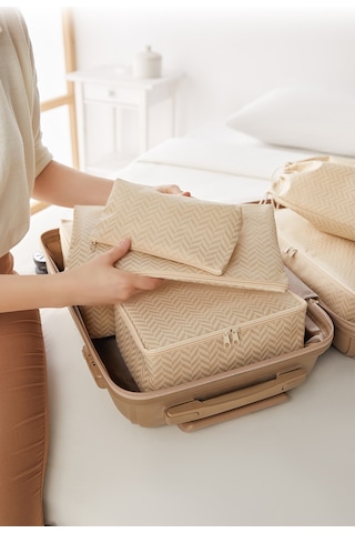 Ocean Home Textile 7'li Bej Balıksırtı Bavul İçi Düzenleyici Set
