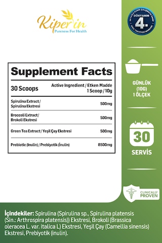 Kiperin Green Spirulina, Yeşil Çay, Brokoli Eki, Prebiyotik İnülin 30 Günlük