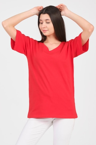 As Collection Kırmızı V Yaka Kısa Kol Boyfriend Kadın T-shirt Kırmızı