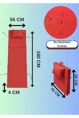 180x55 Cm 3'e Katlanabilir Su Geçirmez Şezlong Ve Yer Minderi - Plaj Matı Kırmızı