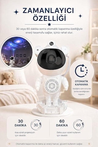 Astronot Galaksi Projektörü - Gece Lambası, 8 Farklı Uyku Sesi, Bluetooth Hoparlör Ve Uzaktan Kumandalı Yıldız Y