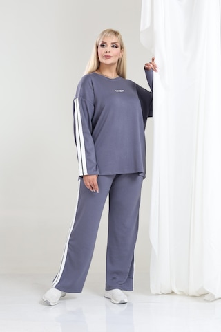 Kadın Büyük Beden Uzun Kollu Şerit Detaylı Oysho Tarzı Modal Kumaş Takım Gri