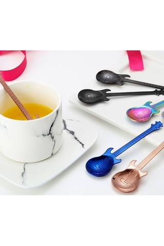 Konesam 304 Paslanmaz Çelik Gitar Şekilli Kahve Kaşığı - Karıştırıcı, Müzik Barları İçin Siyah Desenli Diğer