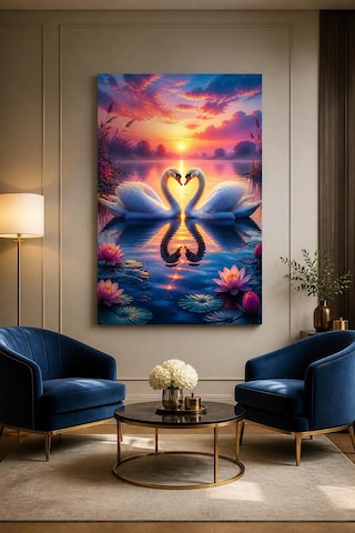 Kuğu Çifti Baskılı Cam Tablo Romantik Göl Manzaralı Uv Baskı Duvar Dekoru
