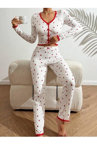 Mh Moony Homewears Liverpool Çilekli Crop Uzun Kol Üst Uzun Alt Yumuşacık Pijama Kırmızı