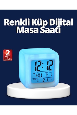 Mey İthalat Renk Değiştiren Led Alarmlı Dijital Küp Masa Saati -
