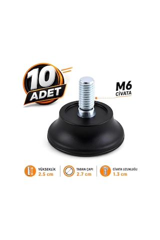 10 Adet Bingo Rotil Ayak Ayakları M6 Civatalı 6 Mm Siyah Profil Ayağı 2.5 Cm 6395751