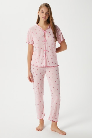 Ritnice Kadın Juliet Kurdeleli Yumuşak Doku Pembe Çiçekli Pijama Takımı
