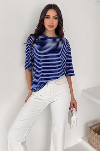 Noa & Noa Kadın Oversize Çizgili Tişört Monochrome Ease Mavi