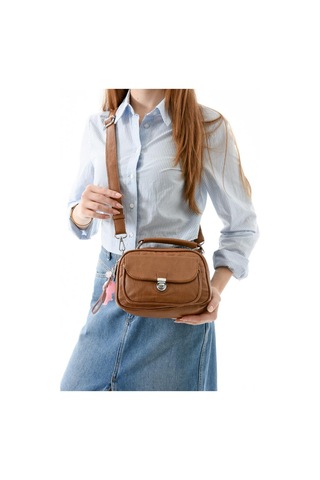 Vegan Deri Kadın Postacı Çanta 21 15 Cm Yıkama Suni Deri Omuz Çantası Çapraz Askılı Çanta Taba