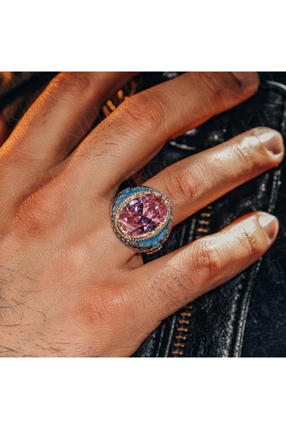 Takılingo Pembe Zirkon Taş Turkuaz Taş Detaylı Usta İşi Erkek Yüzük Gümüş