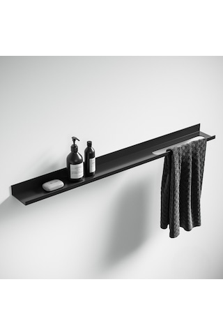 Metal Duvar Rafı Mat Siyah 60 Cm 1.5 Mm Çelik, Havlu Askılı Siyah