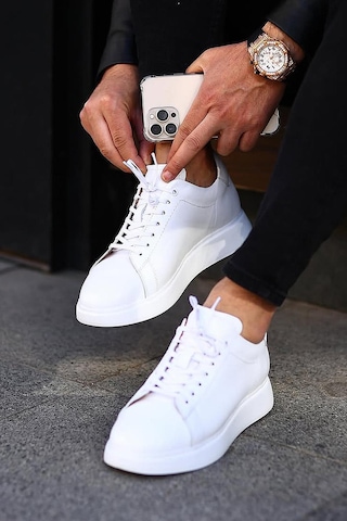 Shoetyle - Beyaz Hakiki Deri Bağcıklı Erkek Sneaker 101-7039-1258 Beyaz