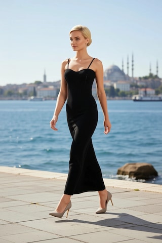 Benerly Kadın Boy Bodycon Elbise V Yaka İnce Askılı Kolsuz Ribana Örgü Tr Siyah