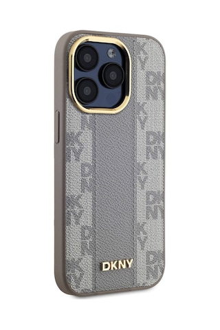Apple Uyumlu iPhone 15 Pro Kılıf Dkny Lisanslı M-safe Şarj Özellikli 3d Yazılı Checkered Pattern Kapak Krem