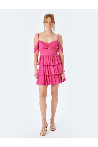 Koton Katlı Volanlı Kısa Kollu Kalp Yaka Mini Elbise Pembe 5sak80042fw Gül