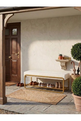 Line Modern Bench Puf Gold Metal 120 Cm - Antre, Giriş Holü, Ofis İçin Şık Dekoratif Bench Krem