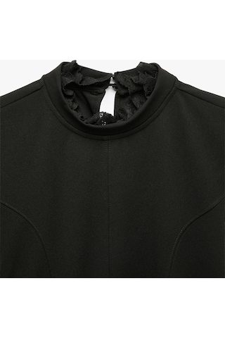 Koton Krep Scuba Slim Fit A Kesim Dik Yaka Dantel Detaylı Kısa Kollu Mini Elbise Siyah 7wak80061ek