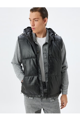 Koton Şişme Yelek Slim Fit Kapşonlu Fermuarlı Cepli Siyah 5wam20043hw