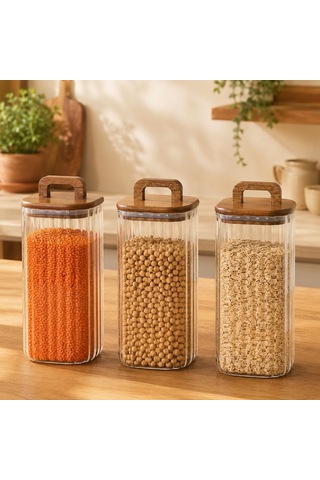 1500 Ml Kare Line Cam Kavanoz 3'lü Set, Akasya Kapaklı Şeffaf Cam Saklama Kavanozu, Ahşap Kapaklı Mutfak Düzenleyici, Bakliyat Makarna Kahve Çay Kuruyemiş Kuru Gıda Kabı Çok Renkli