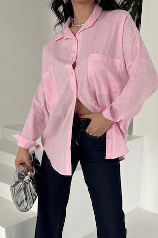 Paw Garage Kadın Harper Çift Cepli Oversize Keten Gömlek, 2025 Summer Collection Pembe