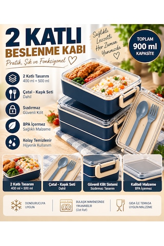 2 Katlı Bölmeli Sefer Tası / Beslenme Kabı 900ml - Kaşık Çatal Setli, Sızdırmaz Ve Bpa İçermez Lacivert