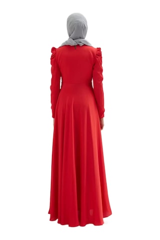 Bel Detaylı Saten Abiye Elbise 711-kırmızı Kırmızı