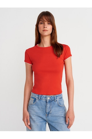 Dilvin 31750 Kontrast Kısa Kollu Tshirt-kırmızı Kirmizi