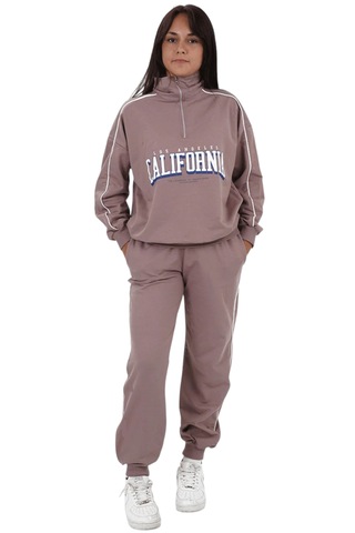 Kız Çocuk California Yazılı Yarım Fermuar Model Pudra Renk Oversize Eşofman Takımı Pudra