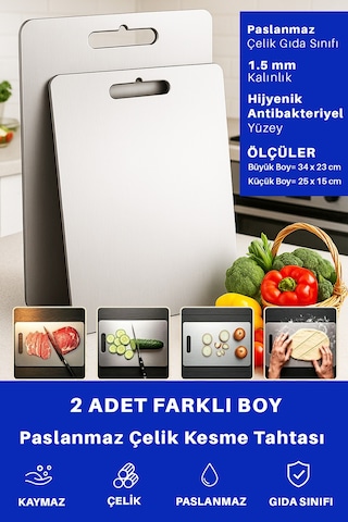 2 Adet Paslanmaz Çelik Mutfak Kesme Tahtası Et Sebze Doğrama Tahtası Gümüş
