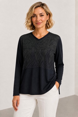 Bihan Store Kadın V Yaka Taş Detaylı Uzun Kollu Bluz Y26-1085 Lacivert