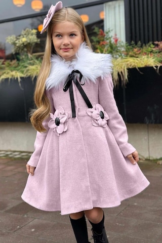 Riccotarz Kız Çocuk Kürk Yakalı Önü Çiçek Ve Elmas Taş Detaylı Pudra Kaşe Pudra