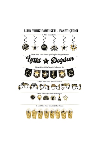 Siyah Gold Yıldız Temalı Doğum Günü Parti Seti İyi Ki Doğdun Banner, Tavan Süsü, Pasta Süsü, Gözlük Ve Mısır Kutusu Altın