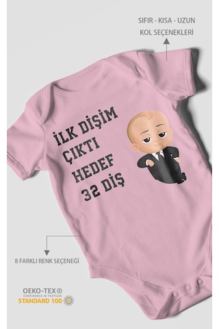 Morivokids İlk Dişim Çıktı Hedef 32 Diş Kısa Kollu Bebek Body Koyu Pembe