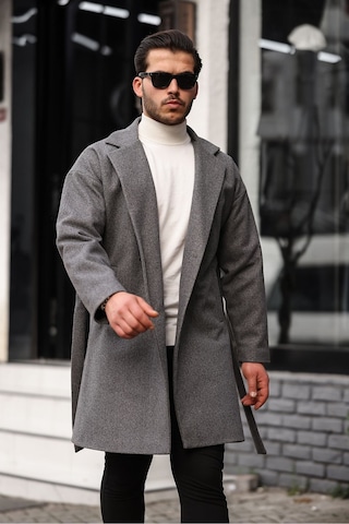 Mero Life Erkek Gri Kemerli Oversize Rahat Kesim Kaşe Kaban Gri