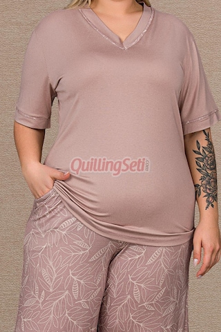 Lady Pudra Renk Çiçek Desenli 11067 Kısa Kol Kadın Büyük Beden Anne Pijama Takımı