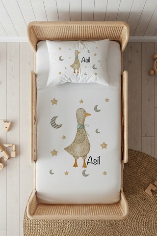 %100 Pamuk Saten İsme Özel İsimli 100x200 Tek Kişilik Lastikli Çarşaf Seti Ördek Beyaz