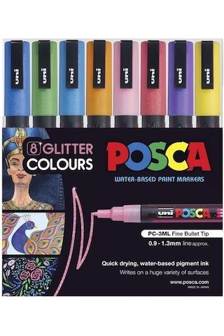 Uni Posca PC-3M Glitter Colours Su Bazlı Boyama Markörü Seti Siml
