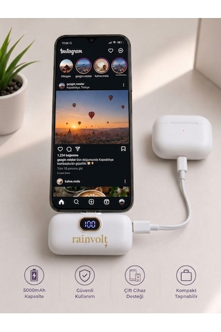 Rainvolt Mini Kapsül Powerbank Led Dijital Göstergeli & Dahili Kablolu Taşınabilir Şarj Cihazı Beyaz