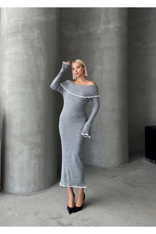 Trend Paris Madonna Yaka Kadın Triko Midi Elbise Gri Standart