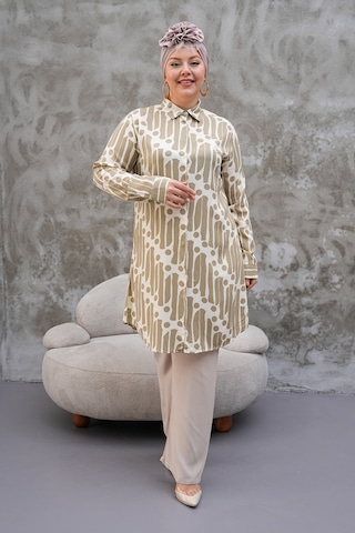Polologin Butik Yeşil Desenli Uzun Tunik Haki Krem