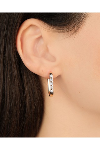 Kadın Kararmaz Çelik Lüks Takı Zirkon Taşlı Oval Halka Kombin Küp Altın