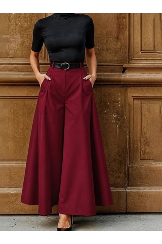DefyModa Kadın Yüksek Bel Kemerli Double Kumaş Palazzo Pantolon Bordo